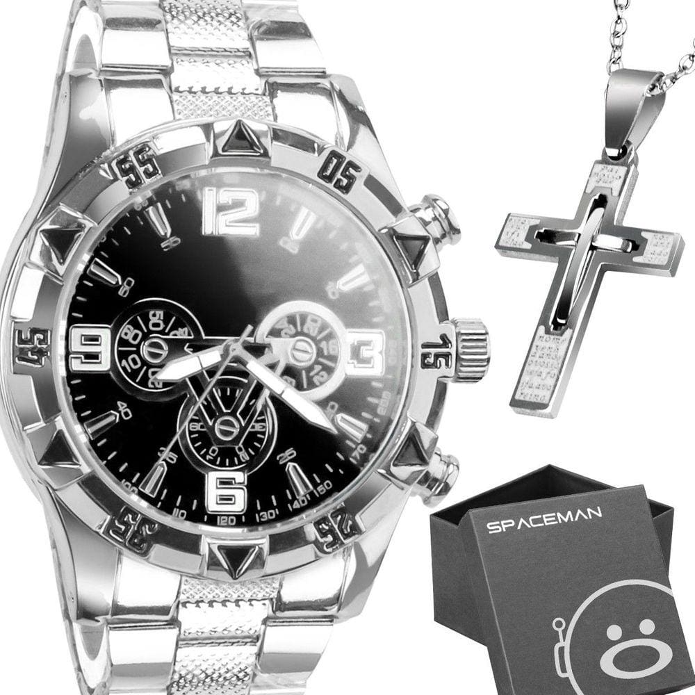 Relógio Masculino prata aço inox + caixa + cordão crucifixo grande casual spaceman orizom social