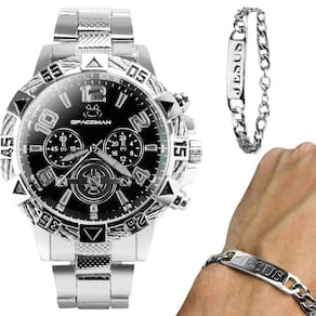 relogio masculino aço inoxidavel prata + pulseira pai nosso spaceman pesado analogico casual social