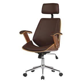 Cadeira Giratória Lisboa Bergen Rivattis C/ Encosto De Cabeça Madeira Laminada Pu Marrom Base Rodízio