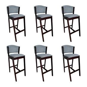 Kit 6 Banquetas Alta De Madeira Maciça Castanho Premium Ana Com Encosto Linho Cinza - Cor: Cinza