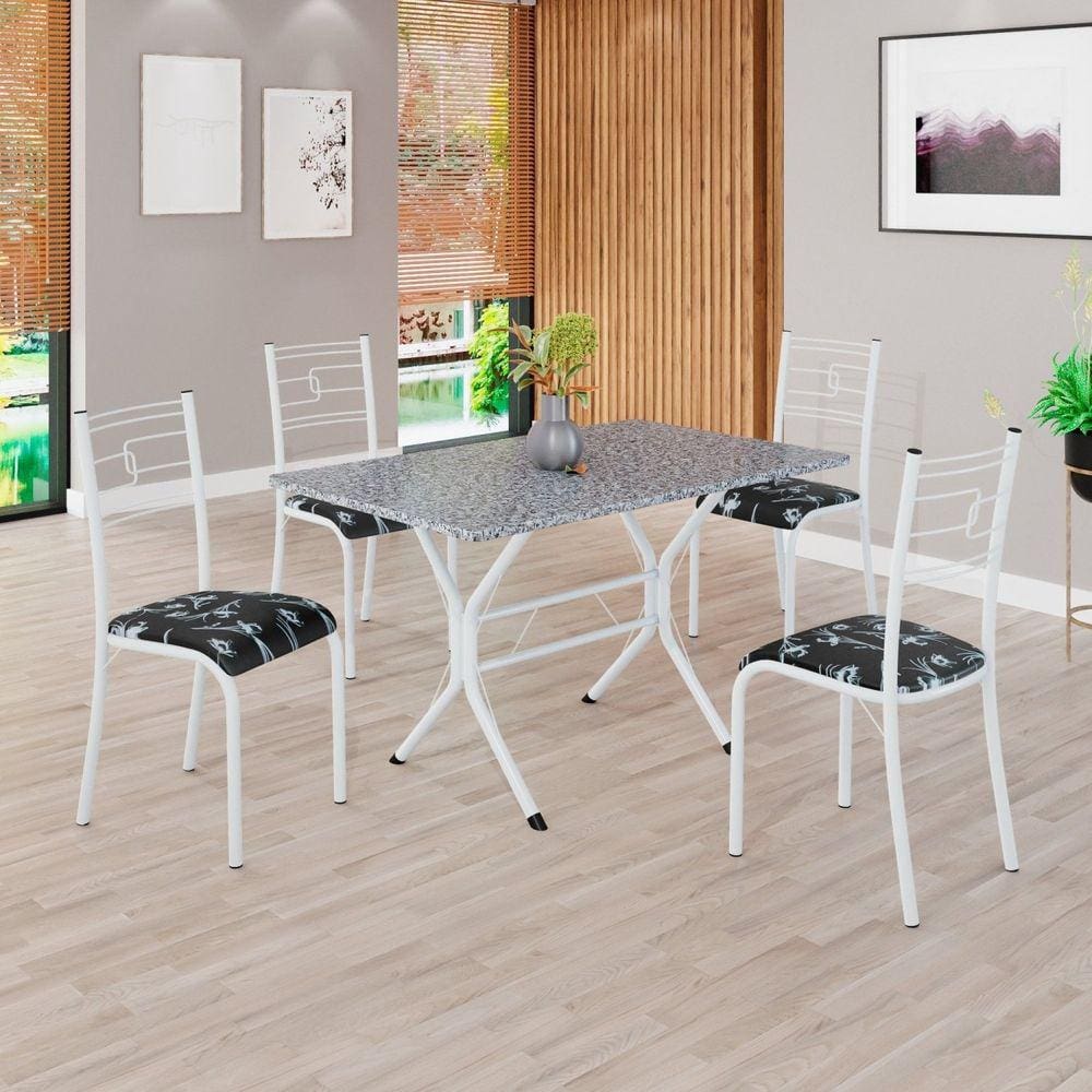 Conjunto Sala de Jantar Mesa Retangular 100x60cm Tampo Granito Ocre 4 Cadeiras Paraty Preto Floral / Branco