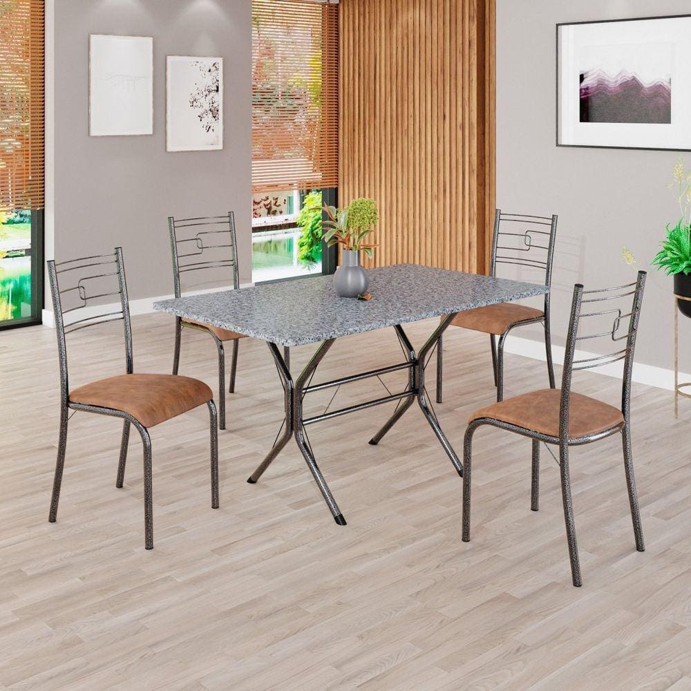 Conjunto Sala de Jantar Mesa Retangular 120x75cm Tampo Granito Ocre 4 Cadeiras Paraty C. Marrom / Mart Prata