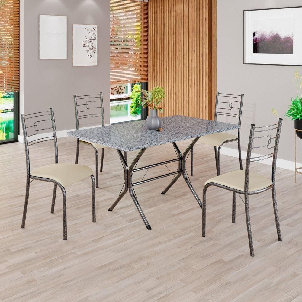 Conjunto Sala de Jantar Mesa Retangular 120x75cm Tampo Granito Ocre 4 Cadeiras Paraty Creme / Mart Prata