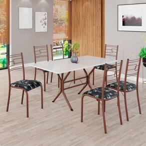 Conjunto Sala de Jantar Mesa Retangular 140x75cm Tampo Madeira Mdp Off White 6 Cadeiras Paraty Preto Floral / Marrom