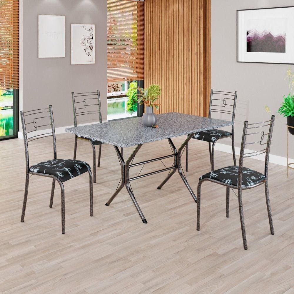 Conjunto Sala de Jantar Mesa Retangular 120x75cm Tampo Granito Ocre 4 Cadeiras Paraty Preto Floral / Mart Prata