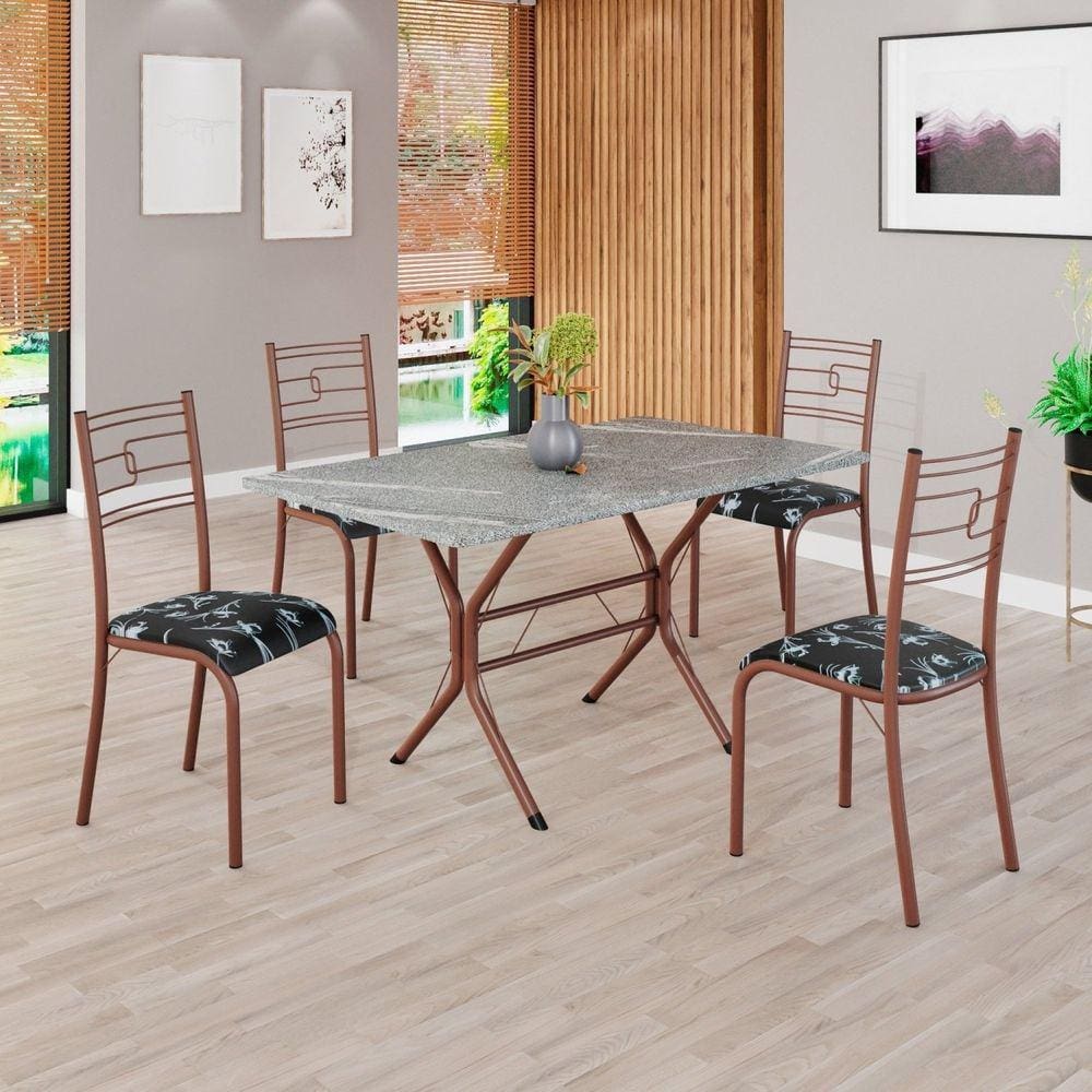 Conjunto Sala de Jantar Mesa Retangular 120x75cm Tampo Granito Topázio 4 Cadeiras Paraty Preto Floral / Marrom