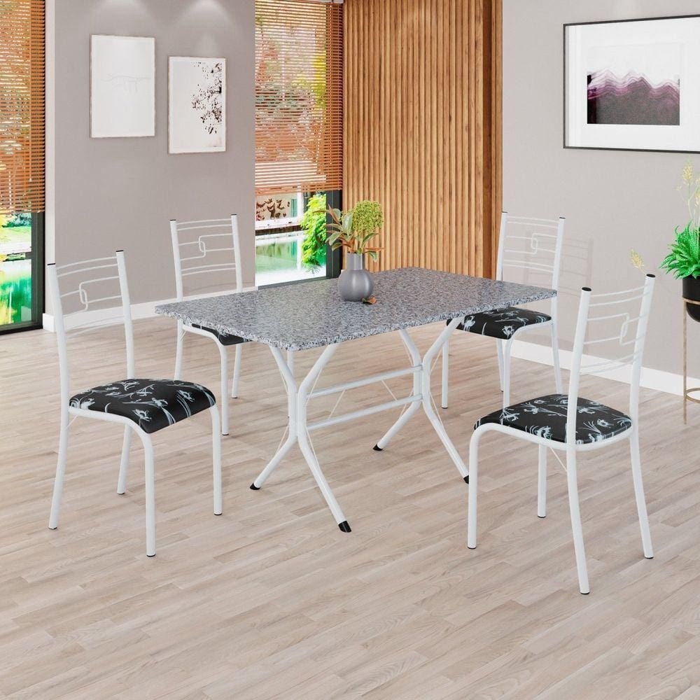 Conjunto Sala de Jantar Mesa Retangular 120x75cm Tampo Granito Ocre 4 Cadeiras Paraty Preto Floral / Branco