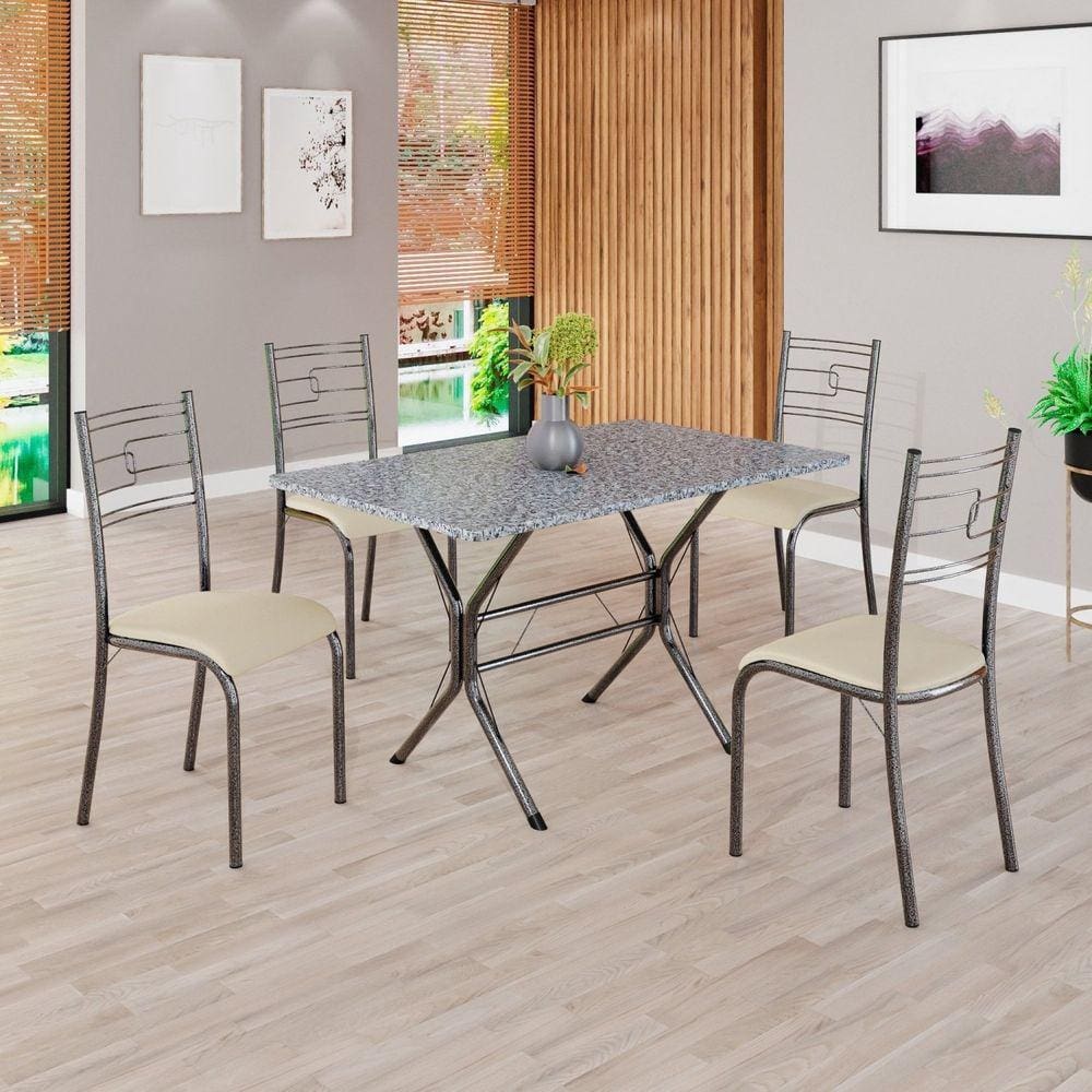 Conjunto Sala de Jantar Mesa Retangular 100x60cm Tampo Granito Ocre 4 Cadeiras Paraty Creme / Mart Prata