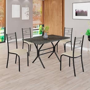 Conjunto Sala de Jantar Mesa Retangular 100x60cm Tampo Pedra Ardósia Indiana 4 Cadeiras Paraty Creme / Preto Fosco
