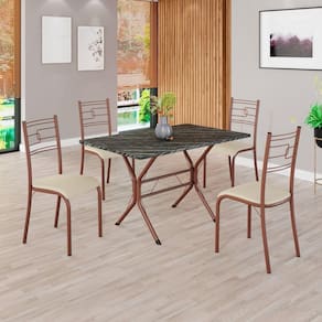 Conjunto Sala de Jantar Mesa Retangular 100x60cm Tampo Pedra Ardósia Indiana 4 Cadeiras Paraty Creme / Marrom