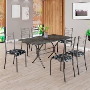 Conjunto Sala de Jantar Mesa Retangular 140x75cm Tampo Pedra Ardósia Indiana 6 Cadeiras Paraty Preto Floral / Mart Prata
