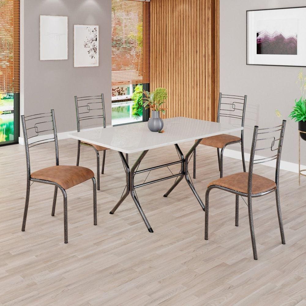 Conjunto Sala de Jantar Mesa Retangular 120x75cm Tampo Madeira Mdp Off White 4 Cadeiras Paraty C. Marrom / Mart Prata