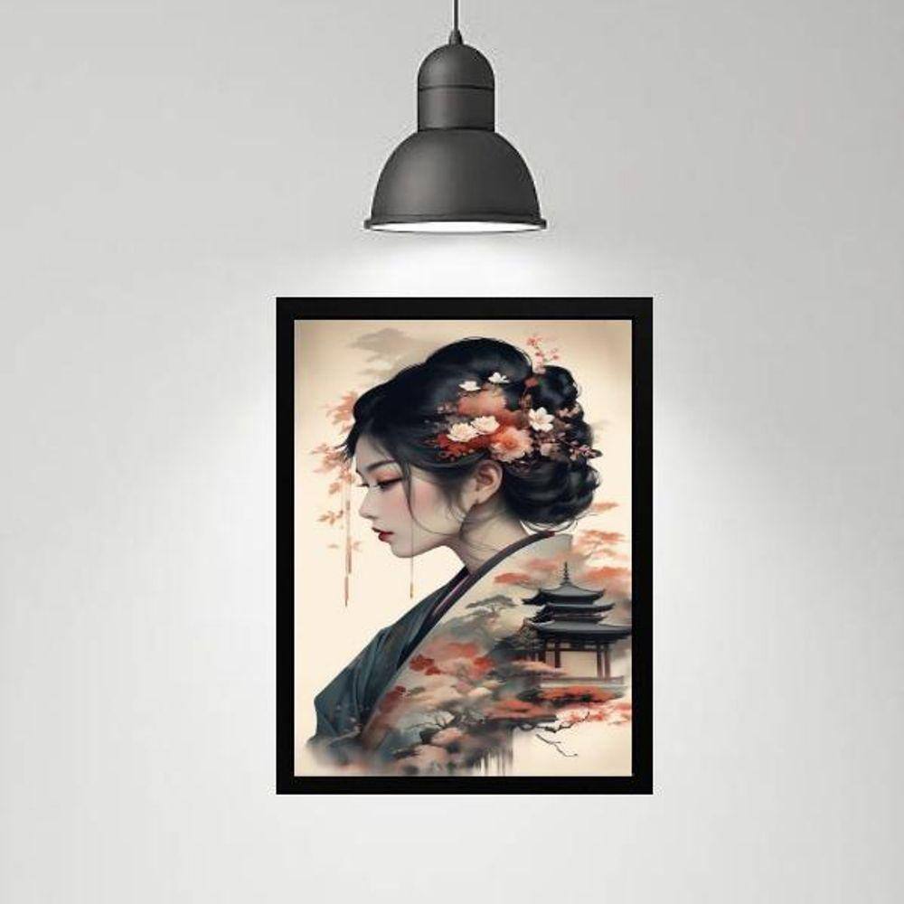 Quadro Gueixa Paisagem Japonesa 24X18Cm - Com Vidro