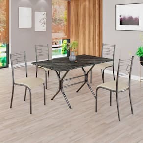 Conjunto Sala de Jantar Mesa Retangular 120x75cm Tampo Pedra Ardósia Indiana 4 Cadeiras Paraty Creme / Mart Prata