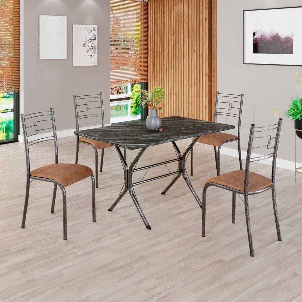 Conjunto Sala de Jantar Mesa Retangular 100x60cm Tampo Pedra Ardósia Indiana 4 Cadeiras Paraty C. Marrom / Mart Prata