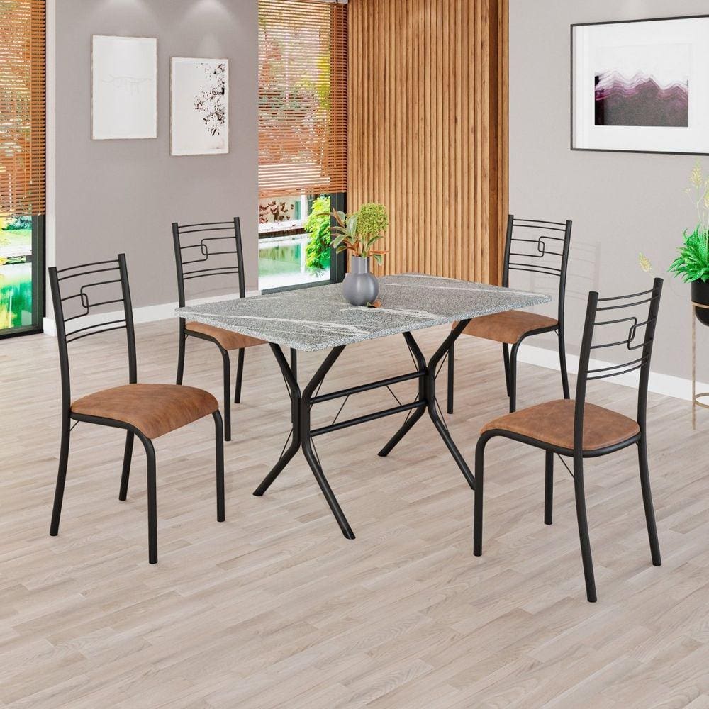 Conjunto Sala de Jantar Mesa Retangular 100x60cm Tampo Granito Topázio 4 Cadeiras Paraty C. Marrom / Preto Fosco