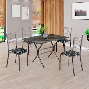 Conjunto Sala de Jantar Mesa Retangular 100x60cm Tampo Pedra Ardósia Indiana 4 Cadeiras Paraty Preto Floral / Mart Prata