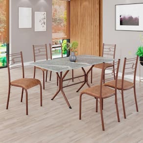 Conjunto Sala de Jantar Mesa Retangular 140x75cm Tampo Granito Topázio 6 Cadeiras Paraty Marrom