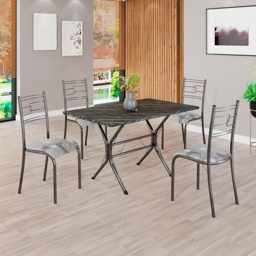Conjunto Sala de Jantar Mesa Retangular 100x60cm Tampo Pedra Ardósia Indiana 4 Cadeiras Paraty Paraopeba / Mart Prata
