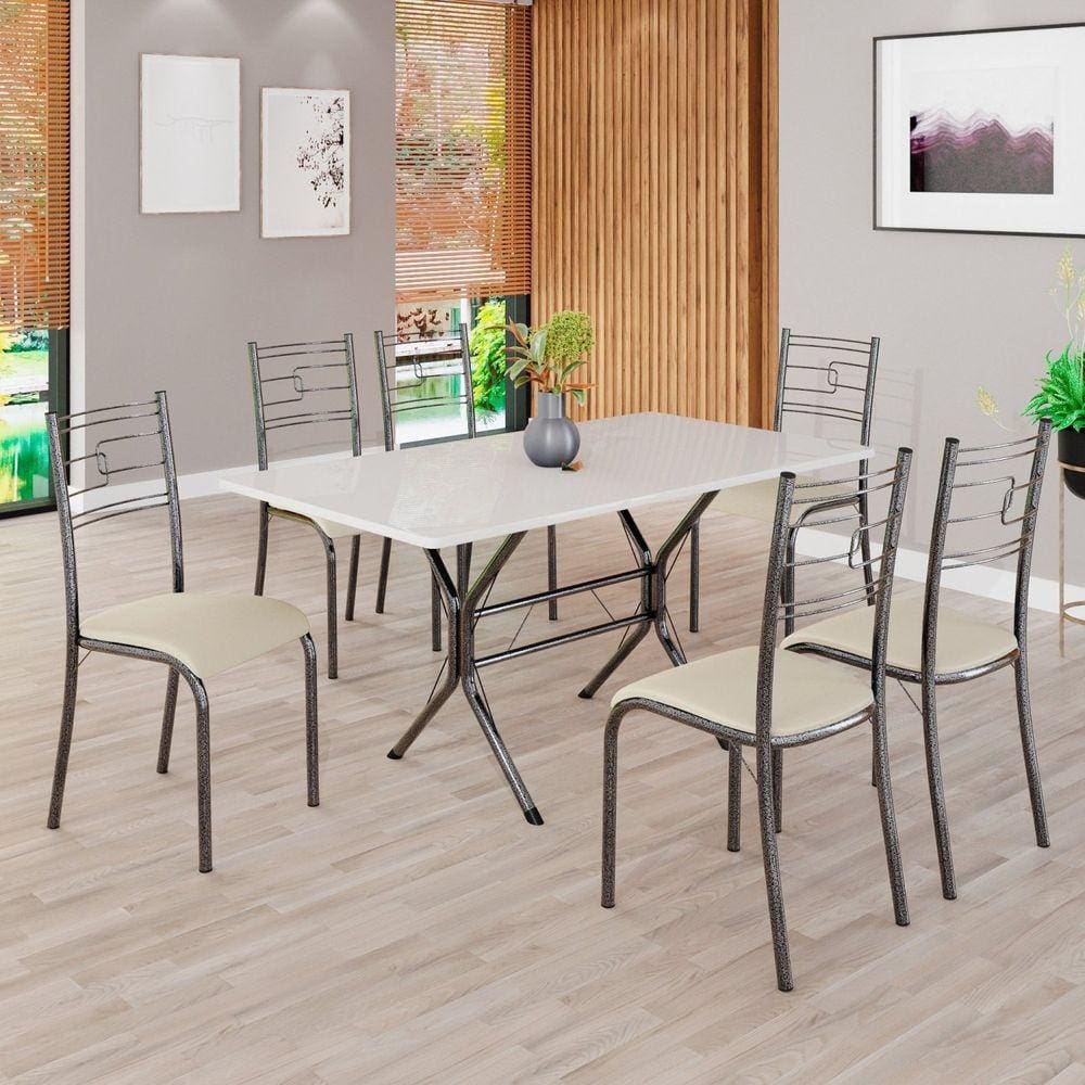 Conjunto Sala de Jantar Mesa Retangular 140x75cm Tampo Madeira Mdp Off White 6 Cadeiras Paraty Creme / Mart Prata