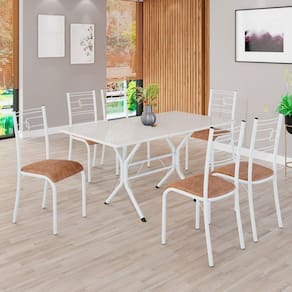 Conjunto Sala de Jantar Mesa Retangular 140x75cm Tampo Madeira Mdp Off White 6 Cadeiras Paraty C. Marrom / Branco