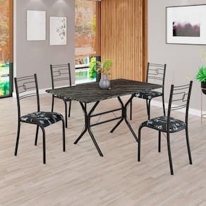Conjunto Sala de Jantar Mesa Retangular 120x75cm Tampo Pedra Ardósia Indiana 4 Cadeiras Paraty Preto Floral / Preto Fosco