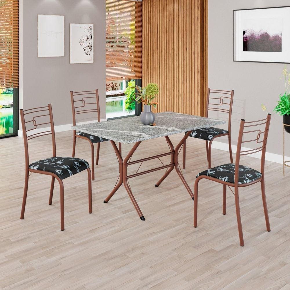 Conjunto Sala de Jantar Mesa Retangular 100x60cm Tampo Granito Topázio 4 Cadeiras Paraty Preto Floral / Marrom