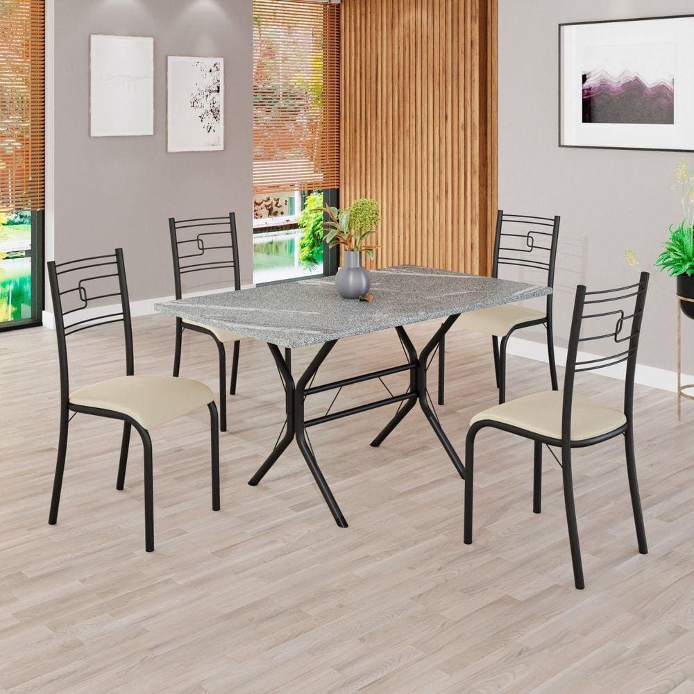 Conjunto Sala de Jantar Mesa Retangular 120x75cm Tampo Granito Topázio 4 Cadeiras Paraty Creme / Preto Fosco