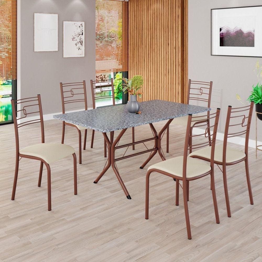 Conjunto Sala de Jantar Mesa Retangular 140x75cm Tampo Granito Ocre 6 Cadeiras Paraty Creme / Marrom