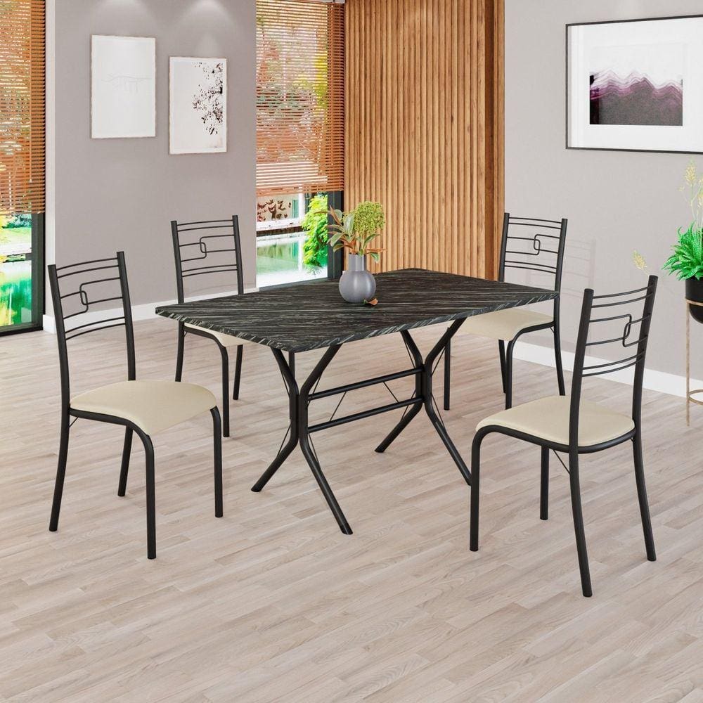 Conjunto Sala de Jantar Mesa Retangular 120x75cm Tampo Madeira Mdp Ardósia Indiana 4 Cadeiras Paraty Creme / Preto Fosco
