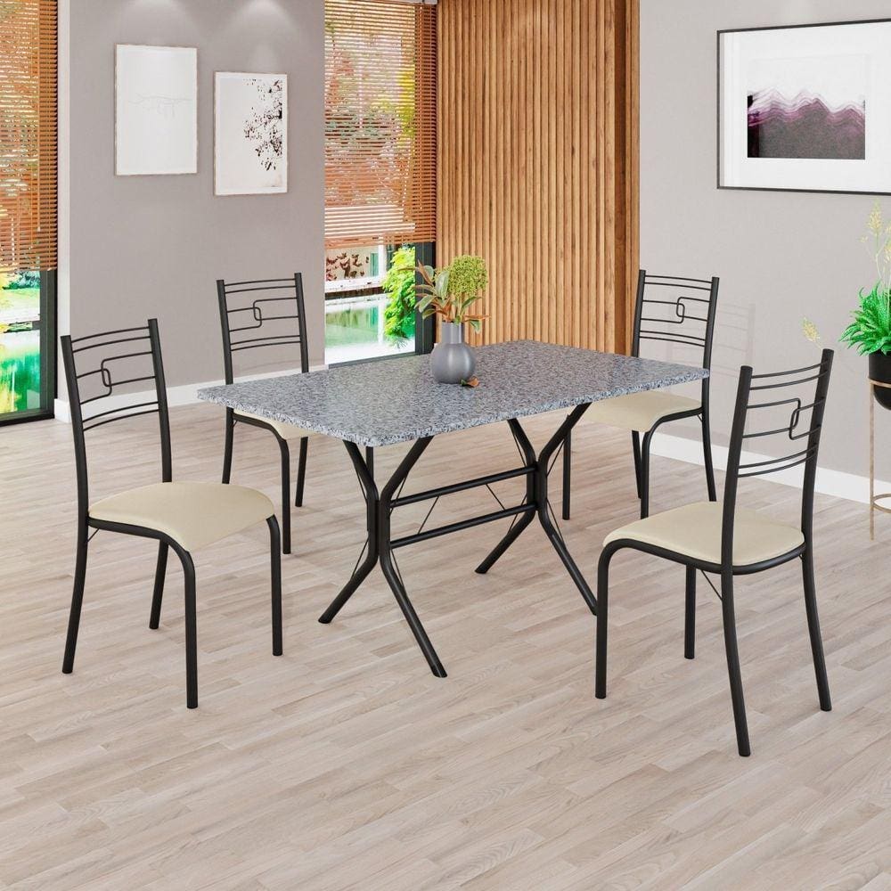 Conjunto Sala de Jantar Mesa Retangular 120x75cm Tampo Granito Ocre 4 Cadeiras Paraty Creme / Preto Fosco
