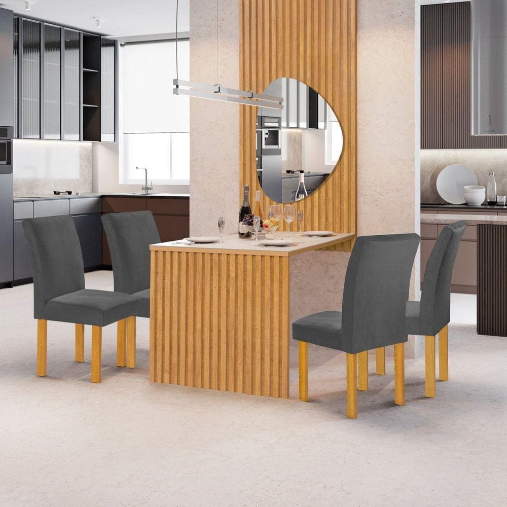 Conjunto Mesa Bella Ripada 120cm com Painel Espelhado Tampo Bella com Vidro 4 Cadeiras Canela Cinamomo/Off White/Veludo Cinza