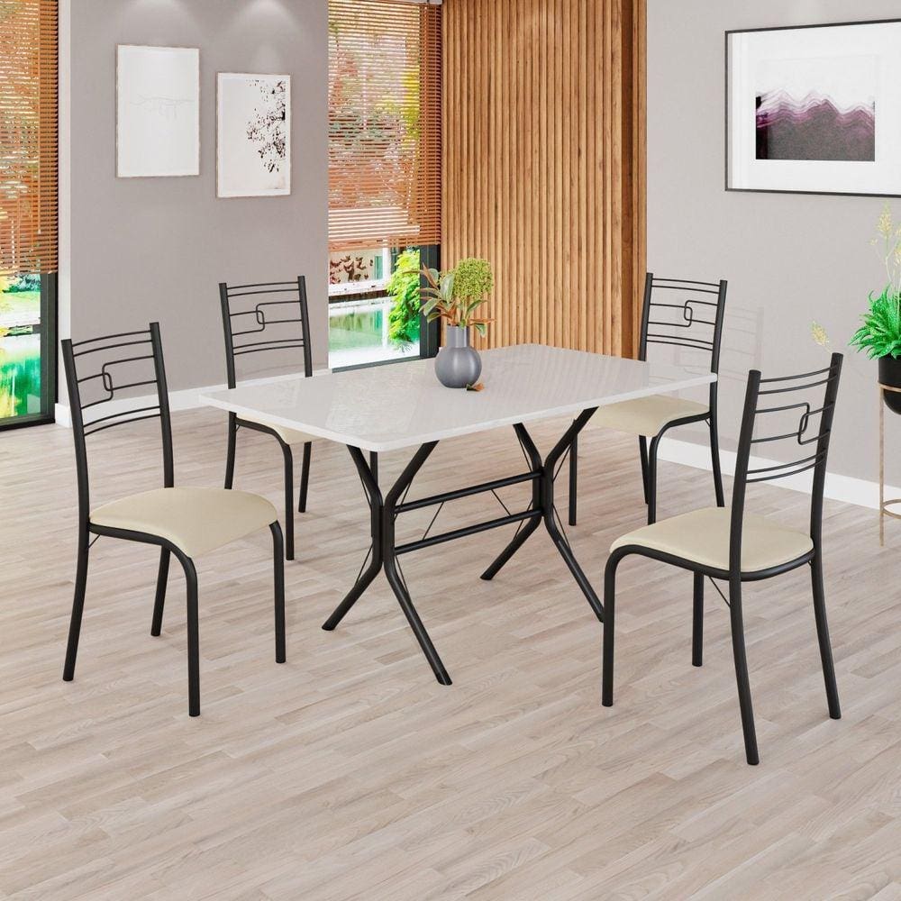 Conjunto Sala de Jantar Mesa Retangular 120x75cm Tampo Madeira Mdp Off White 4 Cadeiras Paraty Creme / Preto Fosco