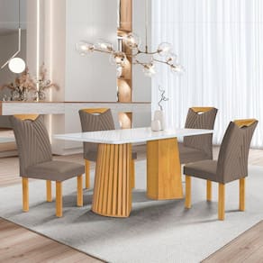 Conjunto Mesa Stella Ripada 120cm com 4 Cadeiras Stella Tampo Smart Plus com Vidro Cinamomo/Off White/Veludo Bege Escuro