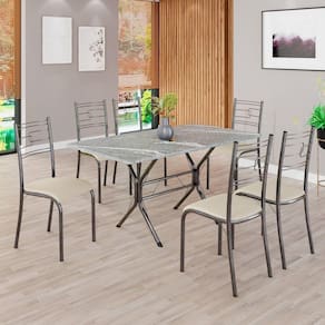 Conjunto Sala de Jantar Mesa Retangular 140x75cm Tampo Granito Topázio 6 Cadeiras Paraty Creme / Mart Prata