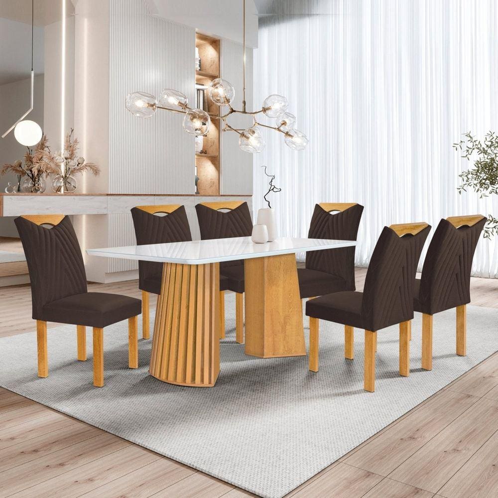 Conjunto Mesa Stella Ripada 170cm com 6 Cadeiras Stella Tampo Smart Plus com Vidro Cinamomo/Off White/Veludo Marrom
