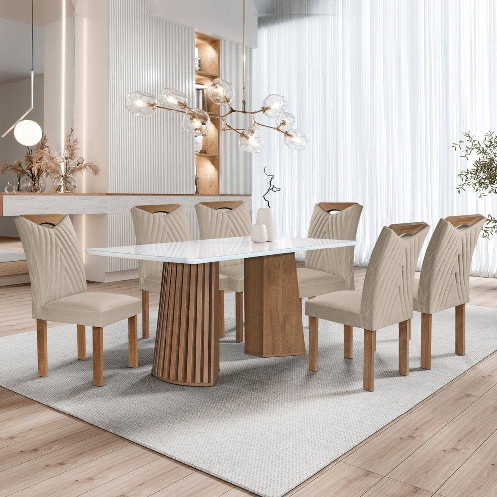 Conjunto Mesa Stella Ripada 170cm com 6 Cadeiras Stella Tampo Smart Plus com Vidro Chocolate/Off White/Boucle Bege