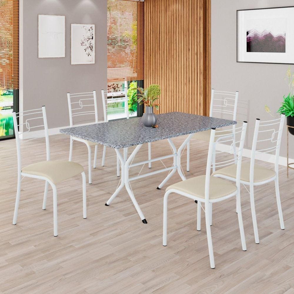 Conjunto Sala de Jantar Mesa Retangular 140x75cm Tampo Granito Ocre 6 Cadeiras Paraty Creme / Branco