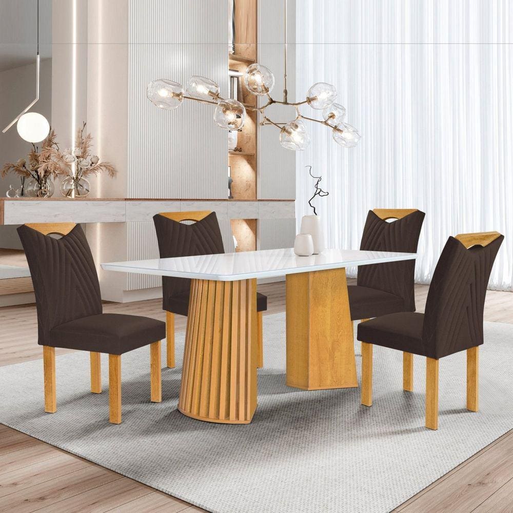 Conjunto Mesa Stella Ripada 120cm com 4 Cadeiras Stella Tampo Smart Plus com Vidro Cinamomo/Off White/Veludo Marrom