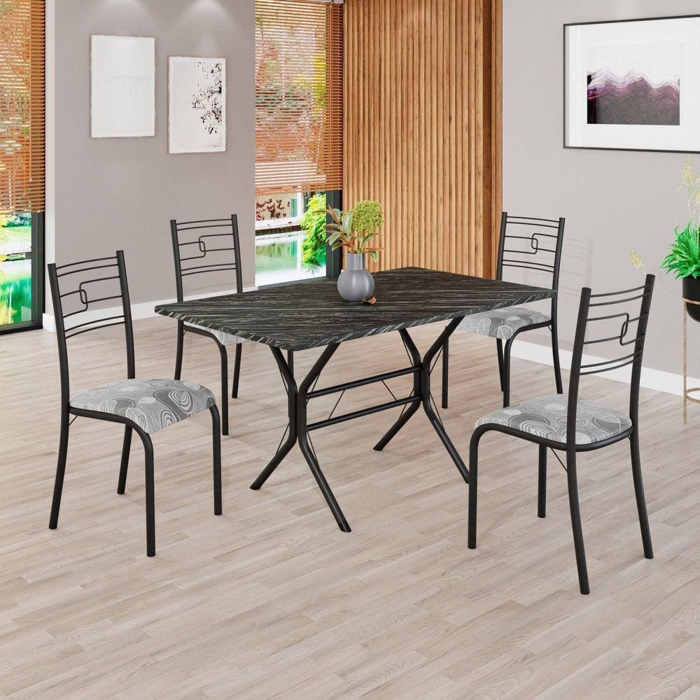 Conjunto Sala de Jantar Mesa Retangular 120x75cm Tampo Pedra Ardósia Indiana 4 Cadeiras Paraty Paraopeba/ Preto Fosco