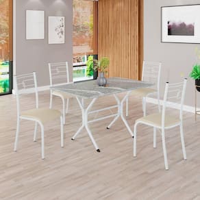 Conjunto Sala de Jantar Mesa Retangular 100x60cm Tampo Granito Topázio 4 Cadeiras Paraty Creme / Branco