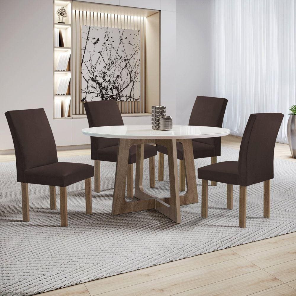 Conjunto Mesa Arizona 120cm com 4 Cadeiras Canela Tampo Redondo Plus com Vidro Chocolate/Off White/Marrom
