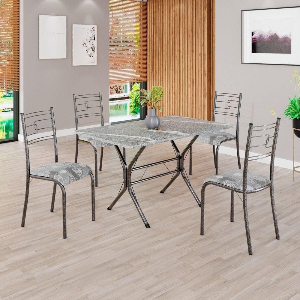 Conjunto Sala de Jantar Mesa Retangular 100x60cm Tampo Granito Topázio 4 Cadeiras Paraty Paraopeba / Mart Prata