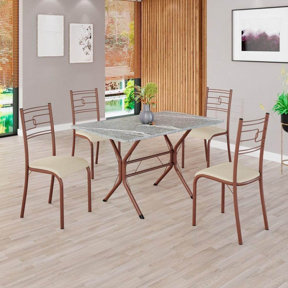 Conjunto Sala de Jantar Mesa Retangular 100x60cm Tampo Granito Topázio 4 Cadeiras Paraty Creme / Marrom