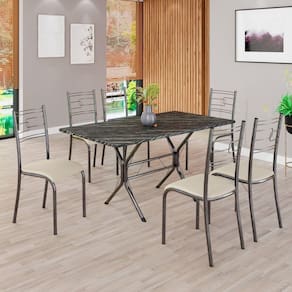 Conjunto Sala de Jantar Mesa Retangular 140x75cm Tampo Pedra Ardósia Indiana 6 Cadeiras Paraty Creme / Mart Prata