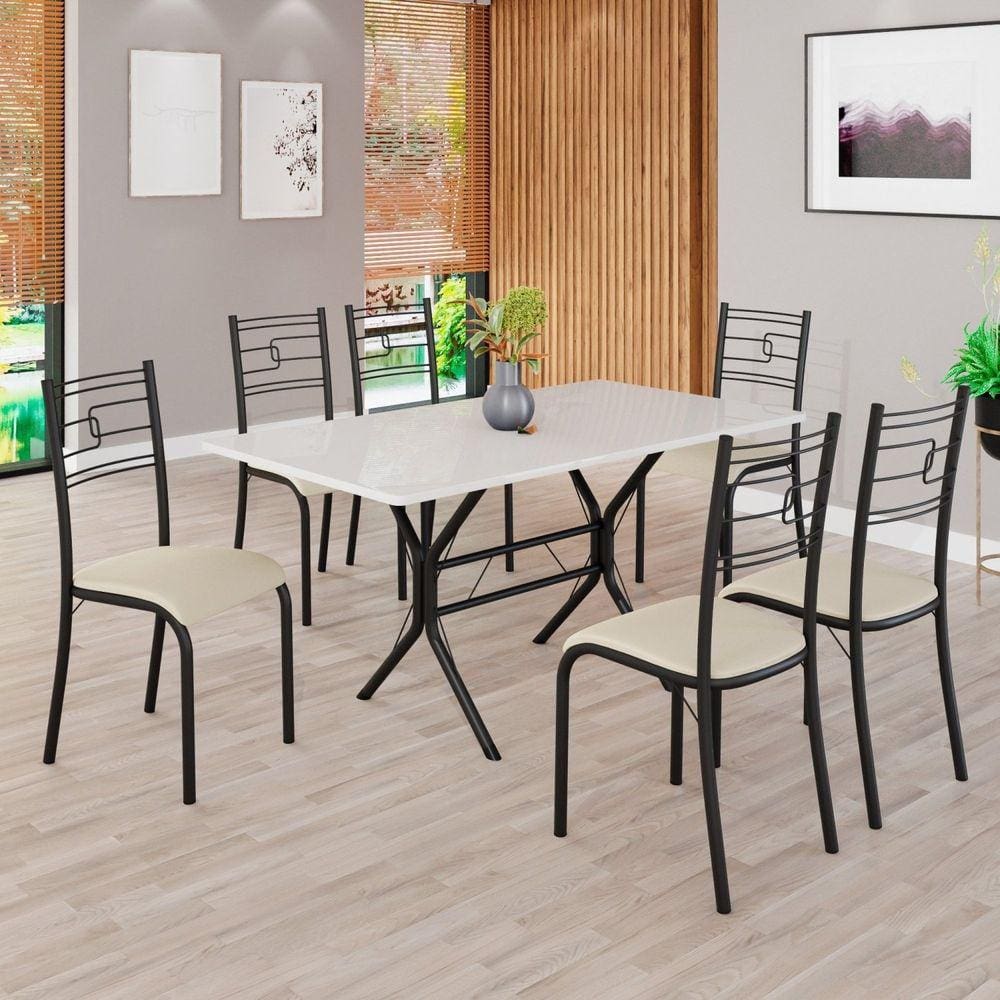 Conjunto Sala de Jantar Mesa Retangular 140x75cm Tampo Madeira Mdp Off White 6 Cadeiras Paraty Creme / Preto Fosco