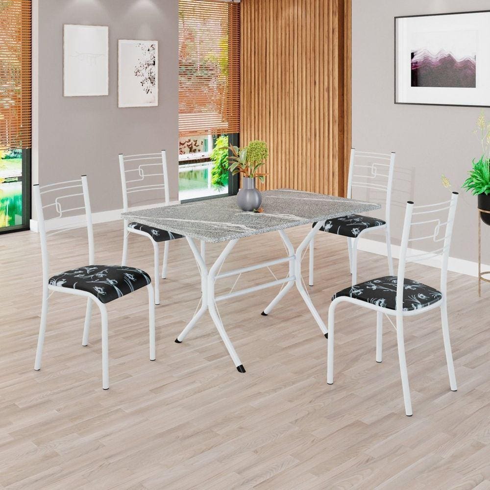 Conjunto Sala de Jantar Mesa Retangular 100x60cm Tampo Granito Topázio 4 Cadeiras Paraty Preto Floral / Branco