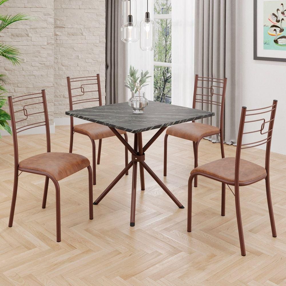Conjunto Sala de Jantar Mesa Quadrada70x70cm Tampo Ardósia Indiana 4 Cadeiras Paraty Courino Marrom/Marrom