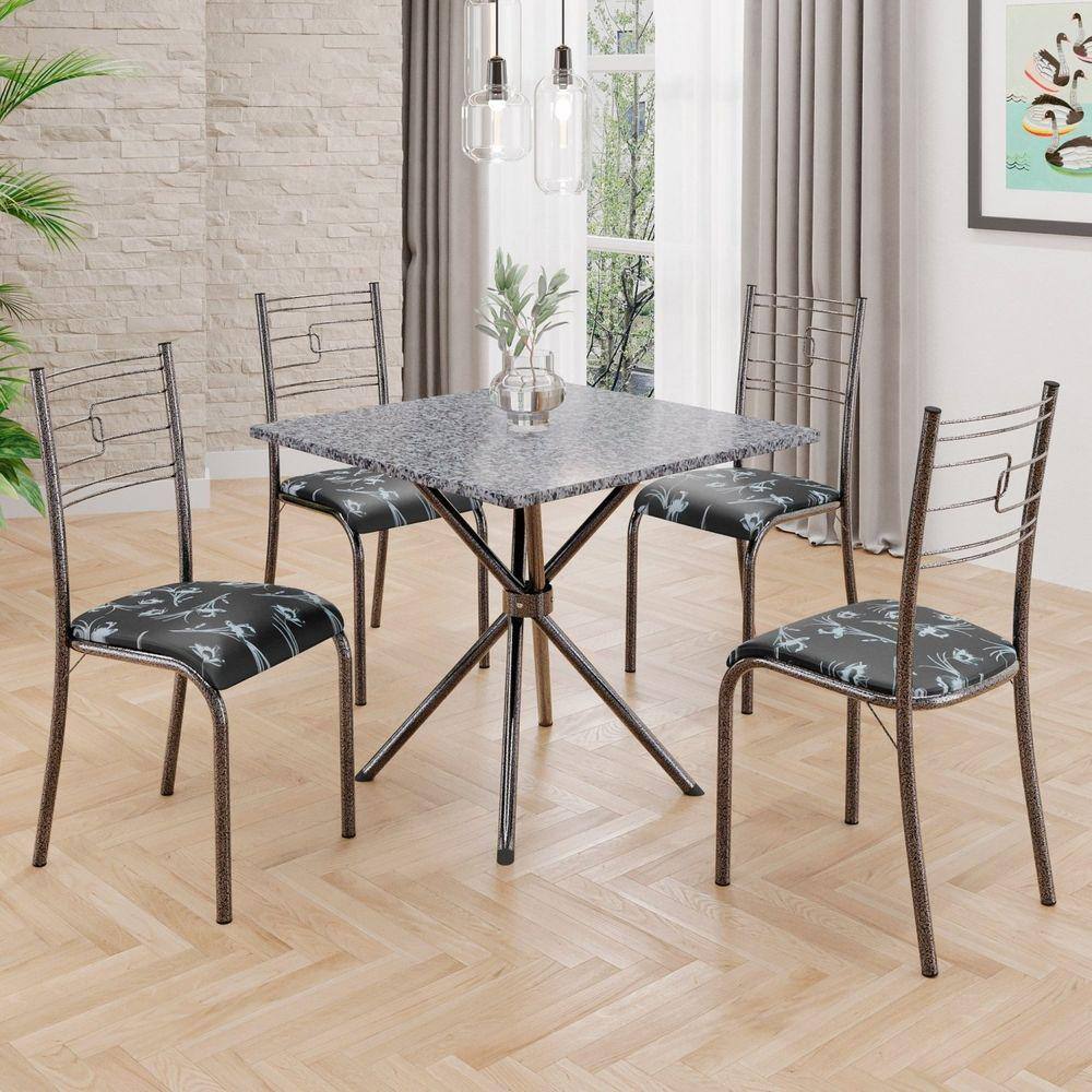 Conjunto Sala de Jantar Mesa Quadrada 70x70cm Tampo Granito Ocre 4 Cadeiras Paraty Preto Floral / Mart Prata