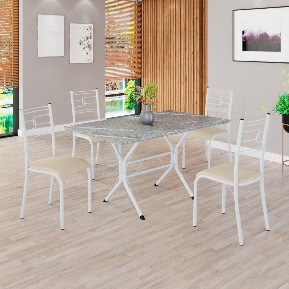 Conjunto Sala de Jantar Mesa Retangular 120x75cm Tampo Granito Topázio 4 Cadeiras Paraty Creme / Branco